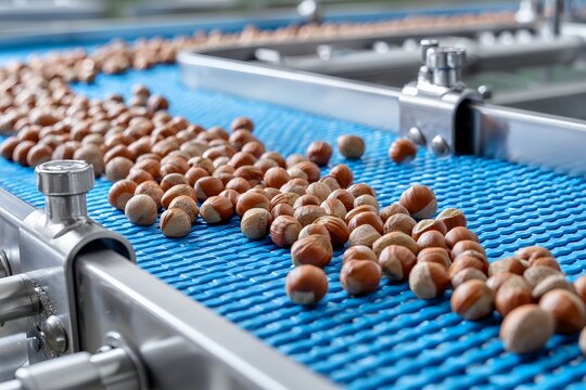 Hazelnuts on conveyor belt in a modern nut processing facility
