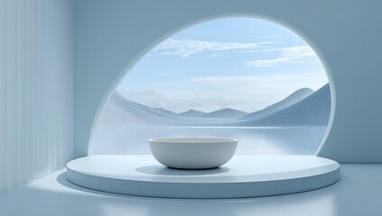 Modern product display featuring a minimalist bowl on a stage with a scenic mountain and water backdrop