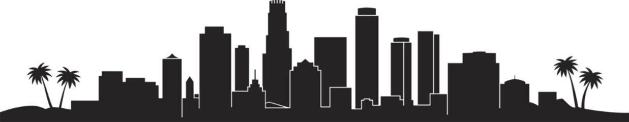 Fototapeta premium City skyline silhouette, palm trees, skyscrapers, tropical urban view, architecture, travel, flat vector