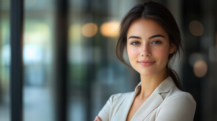 Obraz premium Portrait of a beautiful young woman smiling and looking at camera. Woman portrait