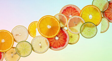 Minimal style sliced citrus fruits floating on pastel background