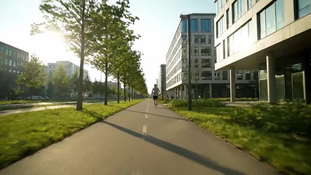 A lone runner on a paved path through a modern urban park with trees and contemporary buildings. Runner point of view.