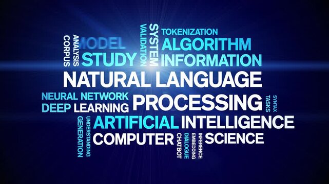 Natural Language Processing animated word cloud-text design animation tag kinetic typography seamless loop.