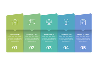 Horizontal five stage business process infographic with icons and numbered steps