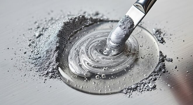 Silver metallic cosmetic powder being swirled into clear liquid with a brush, macro beauty concept.