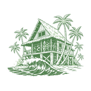 Surf shack vintage artwork design for t shirt. Tropical resort surf house graphic print. Ocean wave artwork sketch. Coastal vibes surfing club logo. S