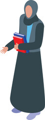 Muslim teacher wearing traditional clothing holding books and gesturing in isometric view