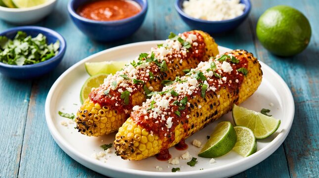 Delicious Mexican street corn elotes topped with cheese and sauce served with lime wedges