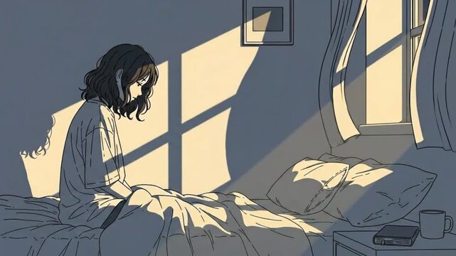 Girl sitting on bed at night with moonlight and peaceful wind mood.  Lofi illustration animation.