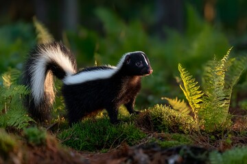 Fototapeta premium Young skunk exploring forest floor amid lush greenery and sunlit ferns