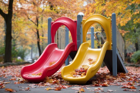 Colorful playground slides amidst autumn leaves in park setting