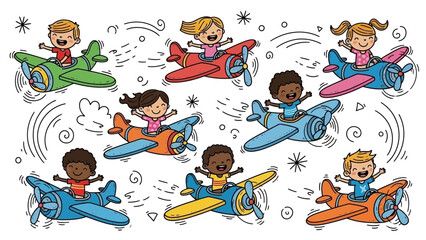 Children flying in airplanes.