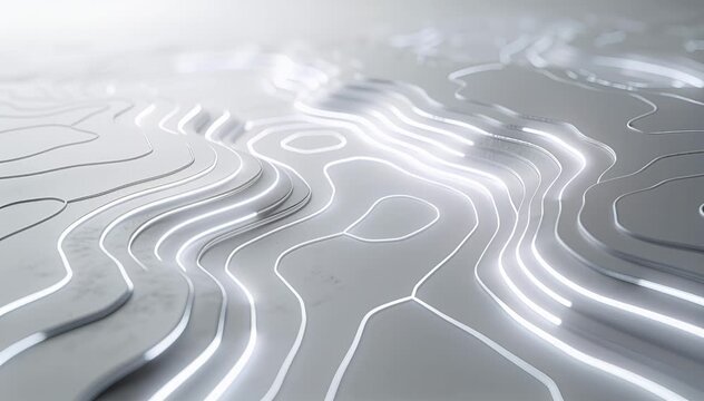 Abstract topographic map contour lines with glowing highlights, seamless looping animation, data flow.