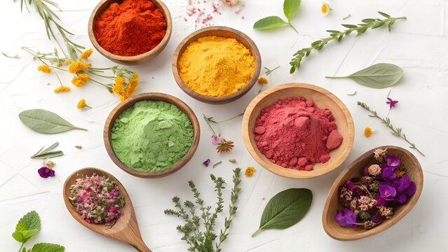 Flat lay of natural Holi colors made from flowers and herbs, wooden bowls, white background, eco-friendly festival theme.