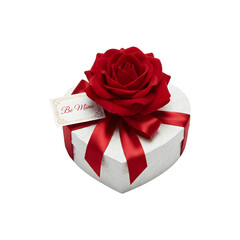 Romantic heart shaped gift box with red rose and Be Mine tag