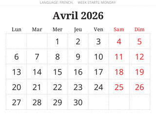 2026 April french calendar planner page &ndash; Avril. Vector illustration France