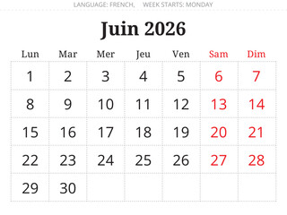 2026 June french calendar planner page &ndash; Juin. Vector illustration France
