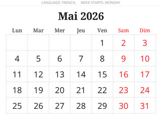 2026 May french calendar planner page &ndash; Mai. Vector illustration France
