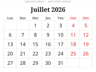 2026 July french calendar planner page &ndash; Juillet. Vector illustration France