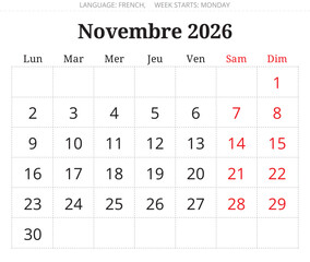 2026 November french calendar planner page &ndash; Novembre. Vector illustration France