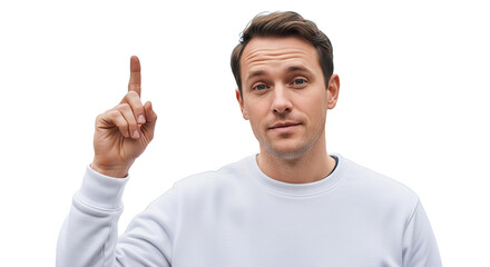 Man in white sweater pointing up with index finger isolated on white png transparent background download 2026 2027