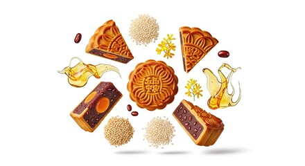 Assortment of Delicious Mooncakes with Ingredients for Mid-Autumn Festival