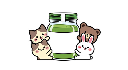 Cute cartoon animals holding matcha jar with blank label.