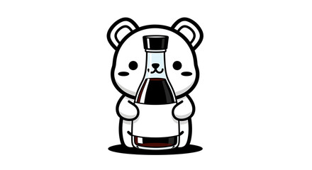 bear cartoon holding a soy sauce or coffee in glass bottle.