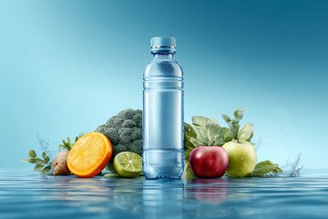 Refreshing water bottle with fruits and vegetables against blue background