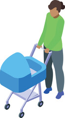 Babysitter pushing a baby stroller with newborn child in isometric view