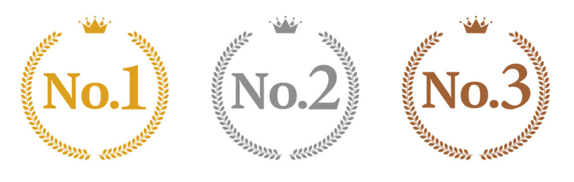 月桂樹と王冠のランキングアイコンセット｜No.1・No.2・No.3 表示の金銀銅アワードデザイン