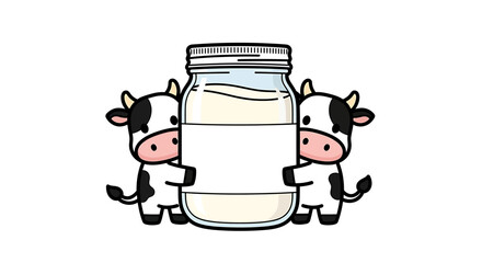 Cows Hugging Milk Bottle Cartoon Character.