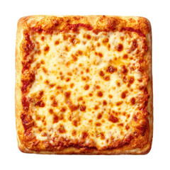 Square pizza covered in cheese, tomato sauce, and crispy crust