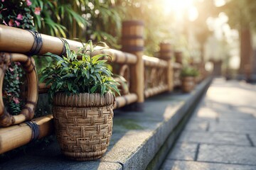 Fototapeta premium Sunlit path with woven plant basket and bamboo fence in lush garden