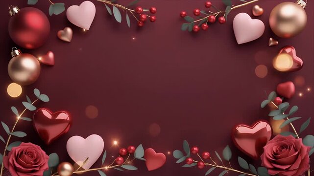 Romantic Valentine's Day background with hearts, roses, and ornaments