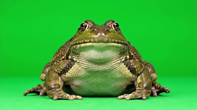 Male African Bullfrog croaking with inflated vocal sac on a green screen background.