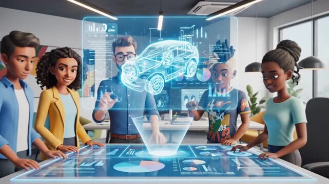 A lively high quality animated cartoon video showing a team of young professionals from different backgrounds collaborating enthusiastically inside a smart open office with advanced technology creativ