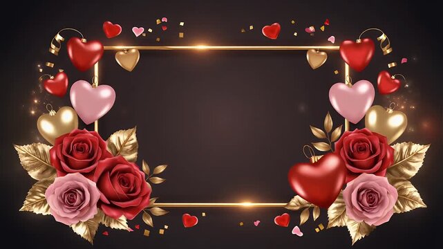 Elegant golden frame with hearts and roses on black background