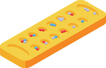 Traditional strategy board game mancala with small stones or seeds placed in its shallow holes, isometric vector illustration