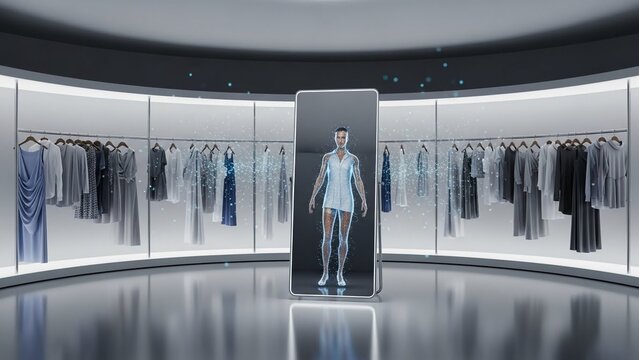 Augmented reality fashion display with virtual model in modern retail store with clothing racks