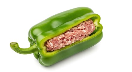 Raw Ground Meat Filling a Fresh Green Bell Pepper Half on White Background