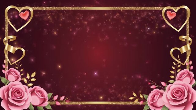 Elegant gold frame with pink roses and hearts on red background for Valentine's Day or romantic occasions