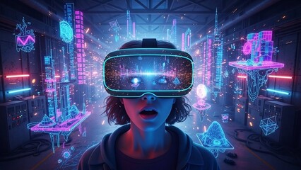 Obraz premium Woman wearing vr headset in futuristic neon lit virtual reality environment with cityscape