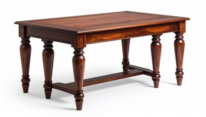 Dark polished wooden table with ornate legs on patterned rug, topped with green plant in bowl.