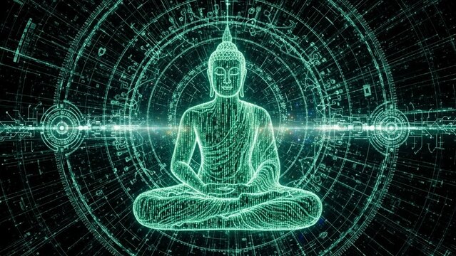 Buddha sits in meditation with glowing green circuits and symbols background