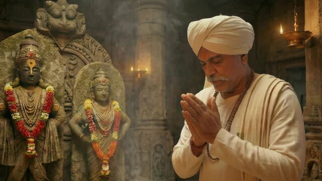 An elderly devotee offers prayers in a temple, immersed in devotion, reverence, and serene spiritual focus.