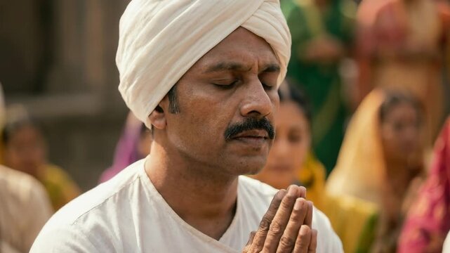 An elderly devotee offers respectful prayers, embodying devotion, reverence, and serene spiritual focus.