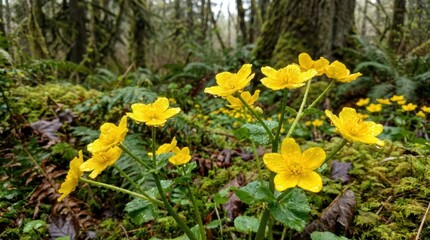 Yellow Marsh Marigold Flowers Blooming In A Lush Green Forest After Rain With Water Droplets On Petals