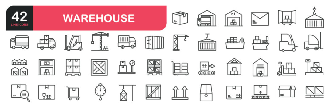 Set of line icons related to warehouses, employees, workers, trucks, shipping, forklift, packaging, packing, boxes and the loading process. Outline icons collection. Editable stroke. Vector illustrati