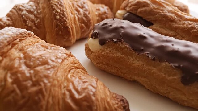 Close-up view of freshly baked golden croissants and a chocolate eclair filled with cream on a white surface.